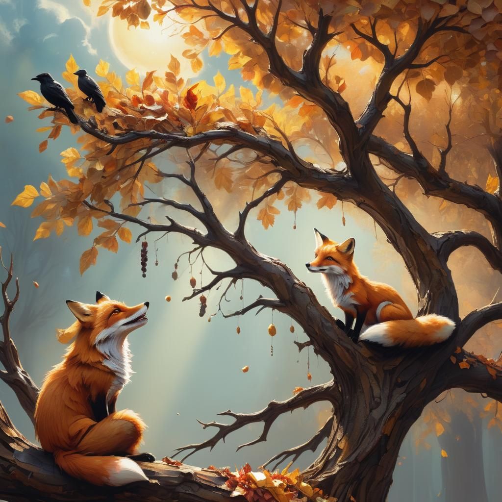 lisek siedzi pod drzewem i patrzy w górę bo na gałęzi drzewa siedzi kruk i trzyma w dziobie kawałek sera, drzewo jest pi...