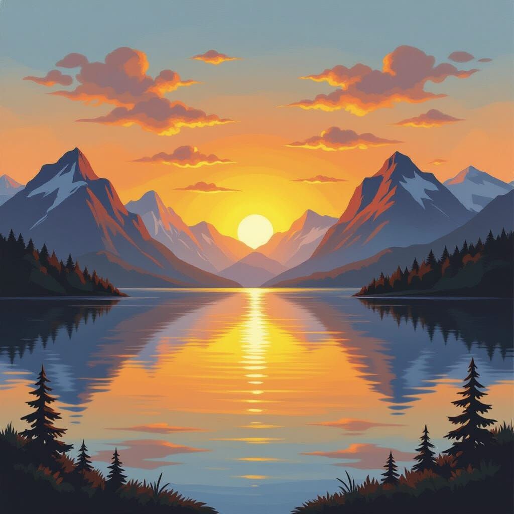 Vibrant Sunrise Over Sea and Mountains in Bob Ross Style