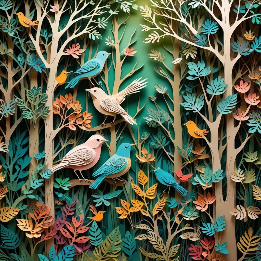 Enchanted Paper-Cut Forest with Birds: 3D Illustration