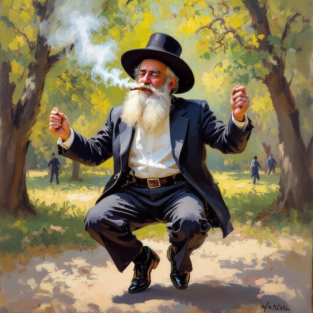 Rabbi Exercising and Smoking Cigar in Park Oil Painting