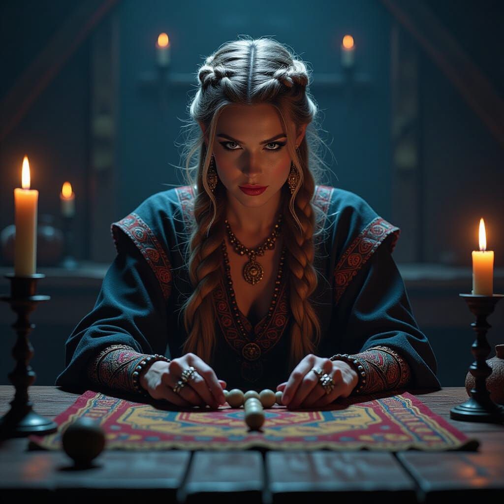 Seiðkona rolling the bones on a wooden table under torchligh...