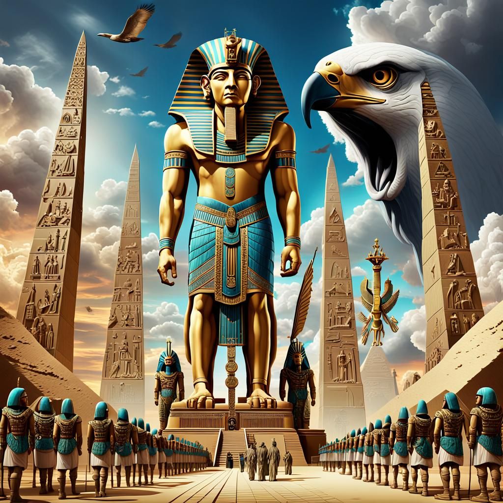 surreal digital artwork depicting a giant,  pharaoh statue.S...