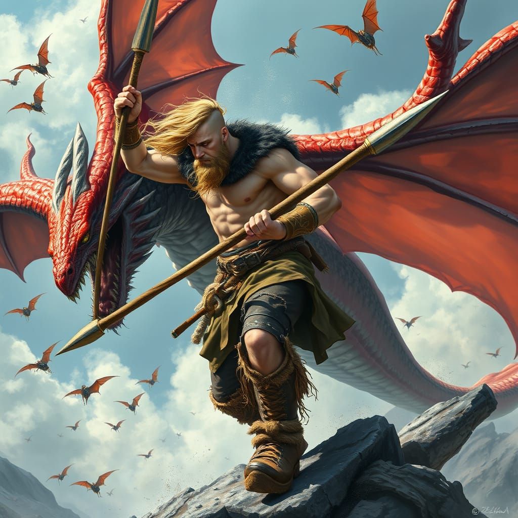 Viking Warrior Slaying Dragon in Fantasy Art Style