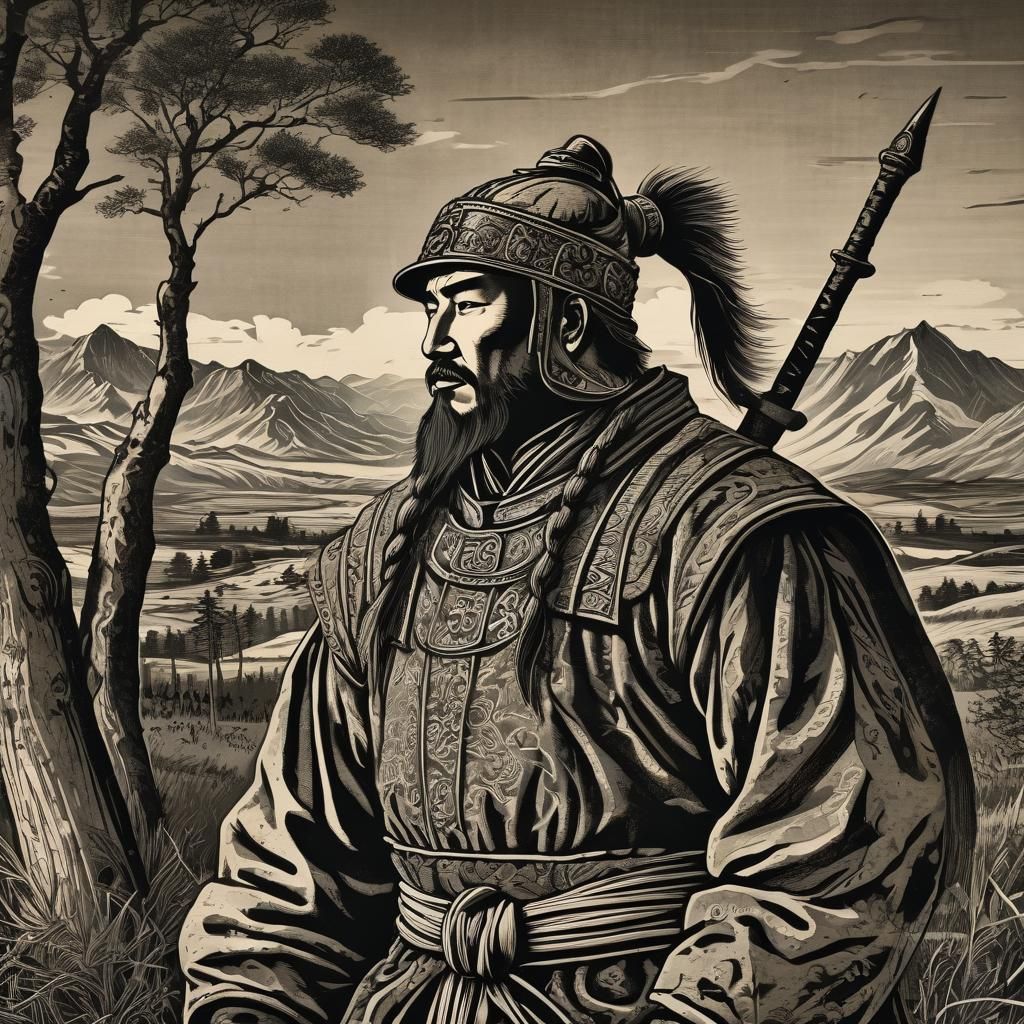 Mongol Warrior Portrait in Woodcut Style