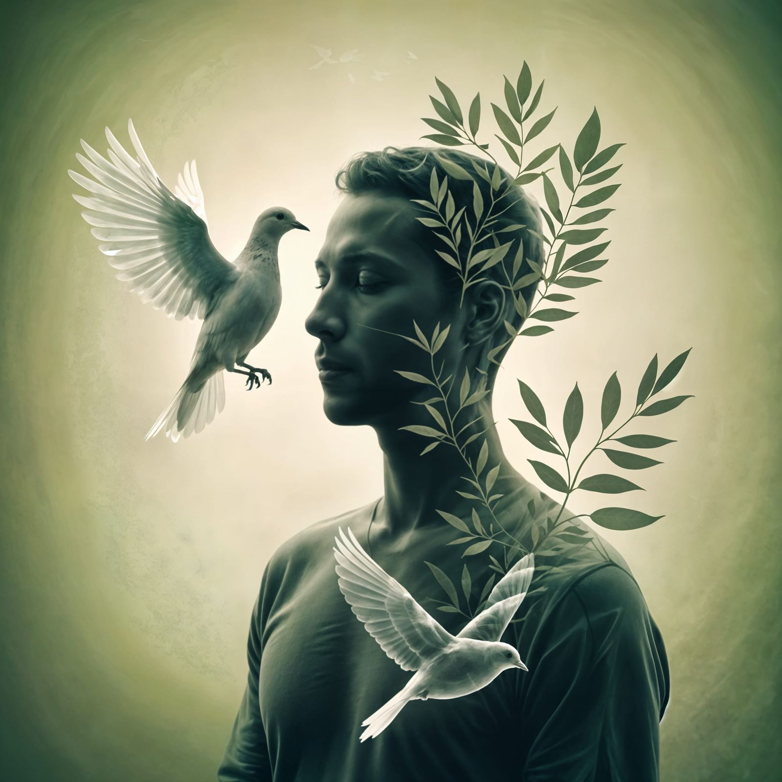 Double Exposure: Meditating Figure with Dove of Peace