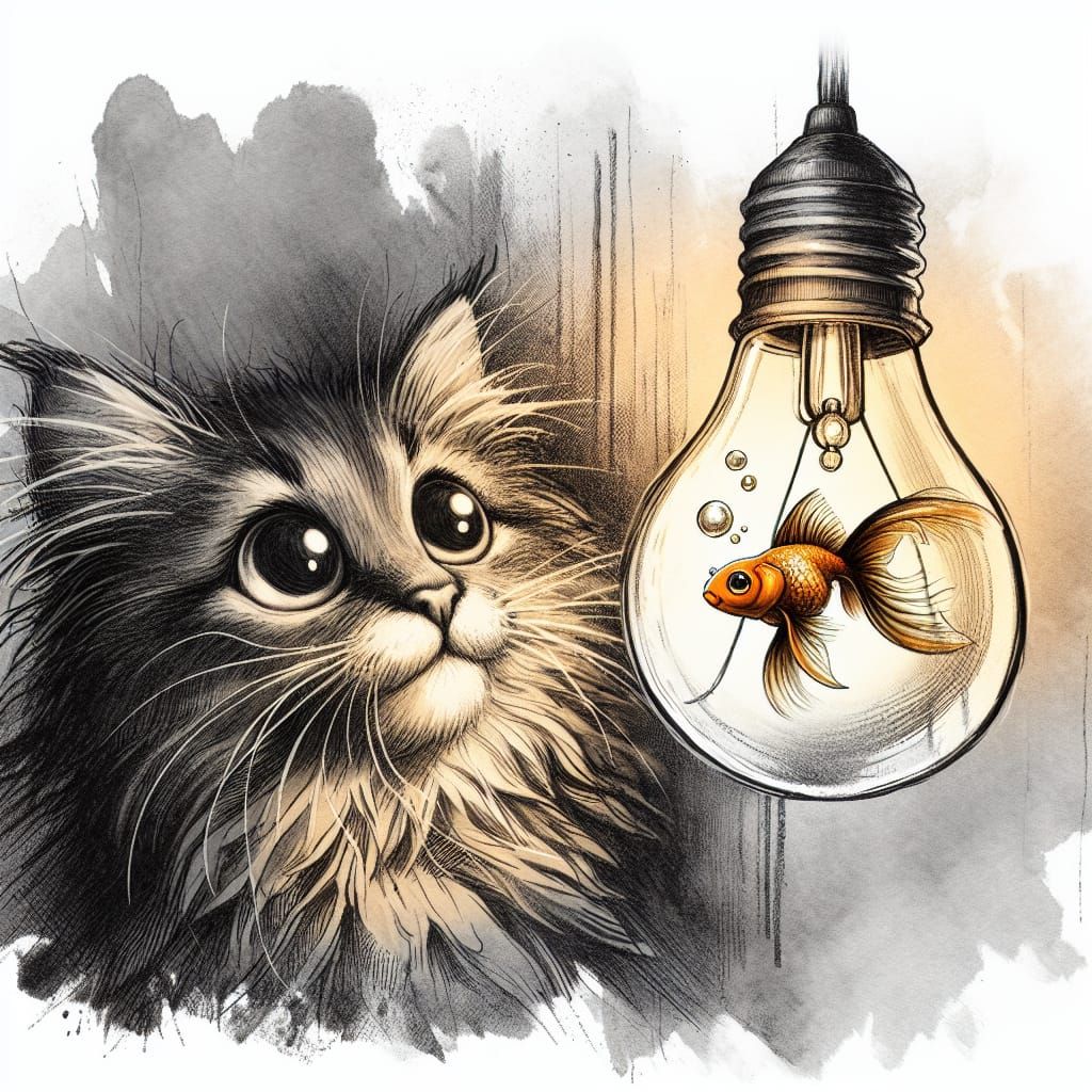 Cat Gazing at Goldfish Lightbulb in Dreamy Chiaroscuro