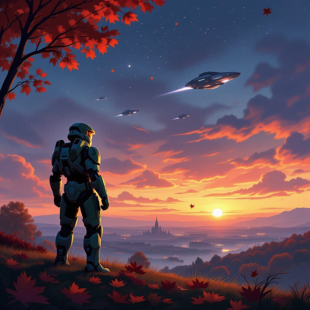 Master Chief Gazing at Spaceships on Windy Autumn Hill