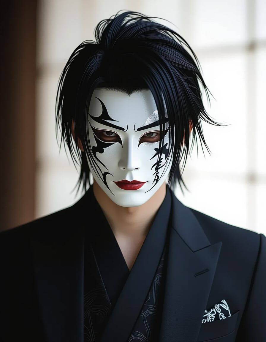Kabuki Masked Man in Sharp Black Suit