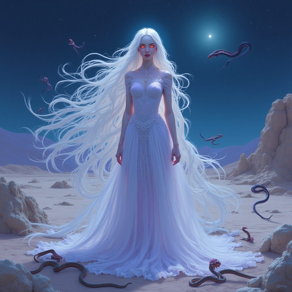 Albino Queen in Iridescent Crystal Desert, Digital Art