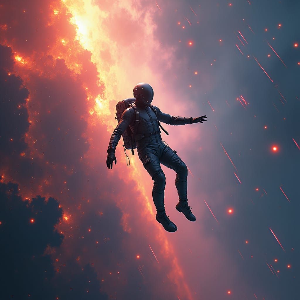Skydiver Plummets Through Vibrant Cosmic Nebula