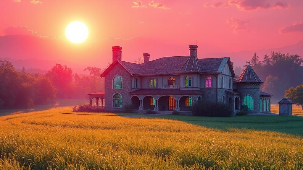 Whimsical Glass Estate in a Vibrant Meadow Landscape