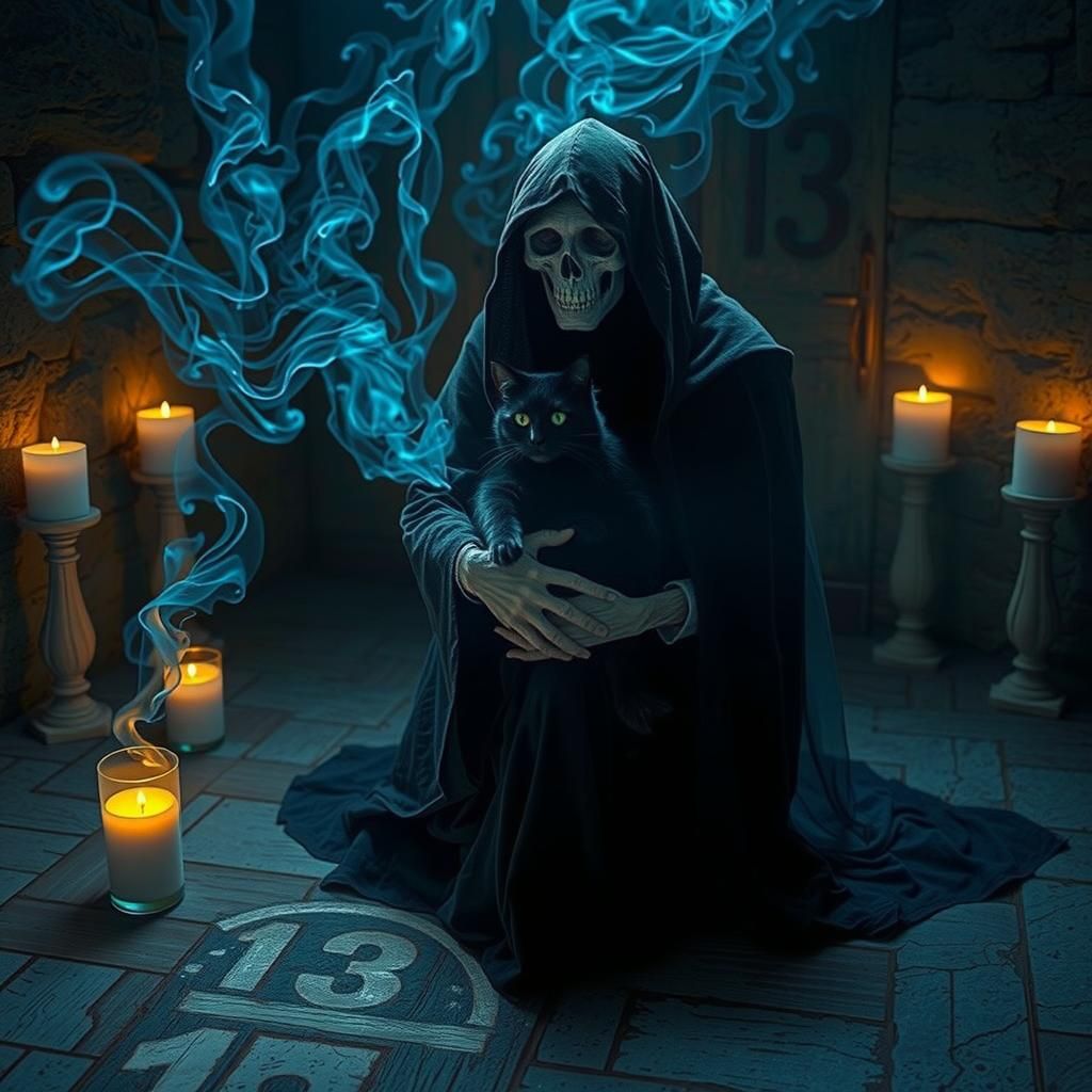 Ethereal Death with Black Cat in Dreamlike Flames
