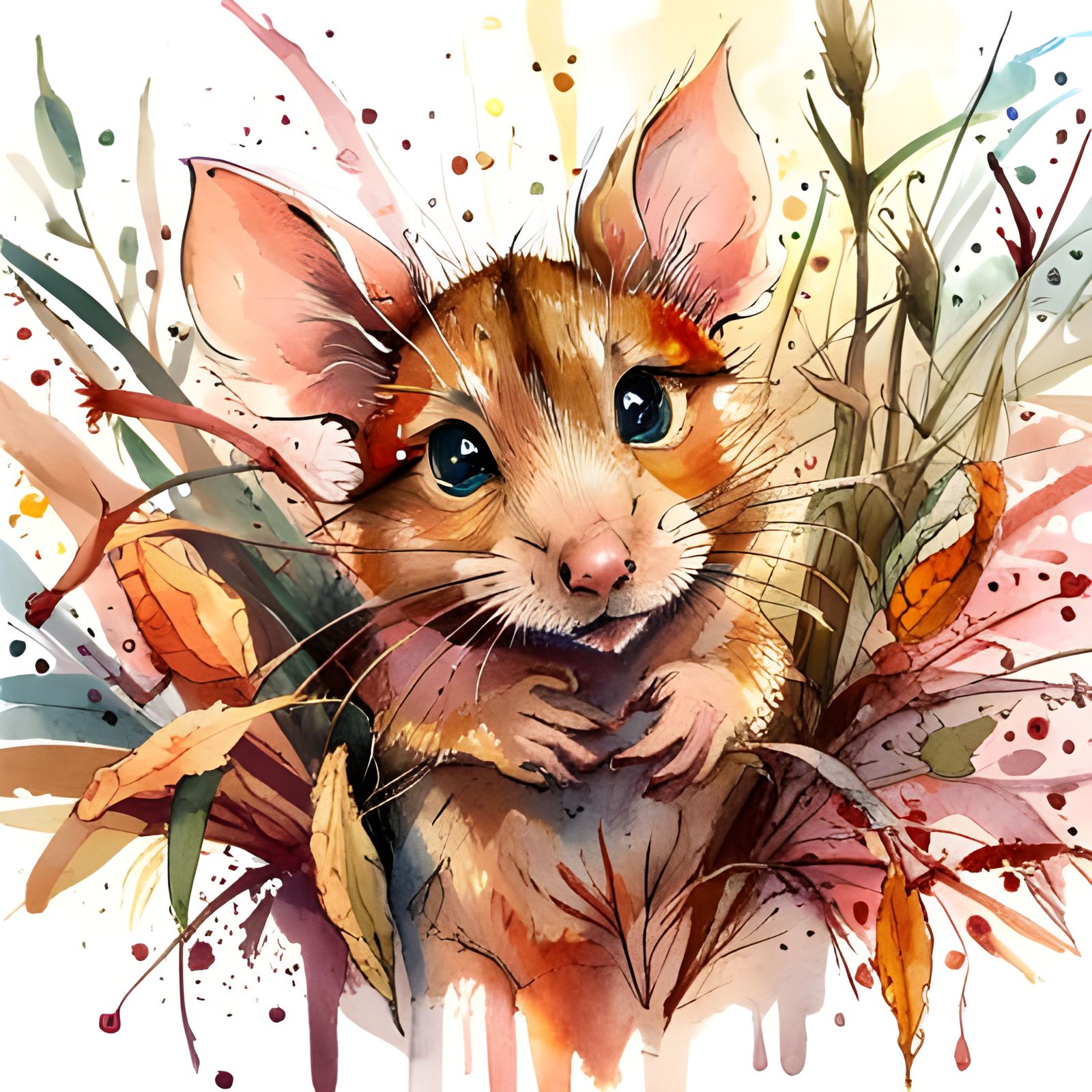 Watercolor Mouse with Autumn Leaves and Corn