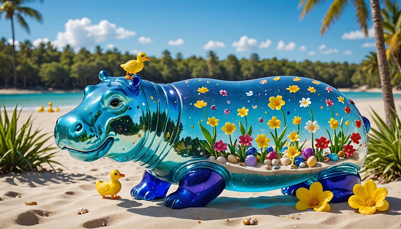 Vibrant Hippopotamus Sculpture in a Whimsical Beach Scene