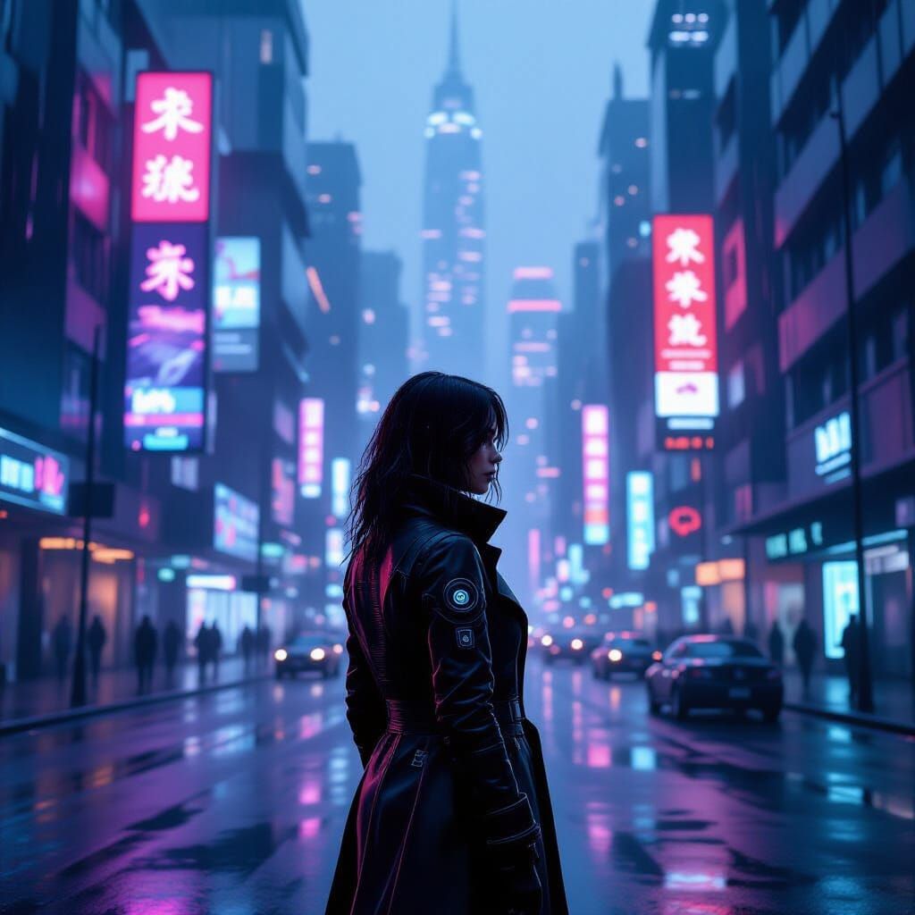 Cyberpunk Woman on Neon Street in Rain