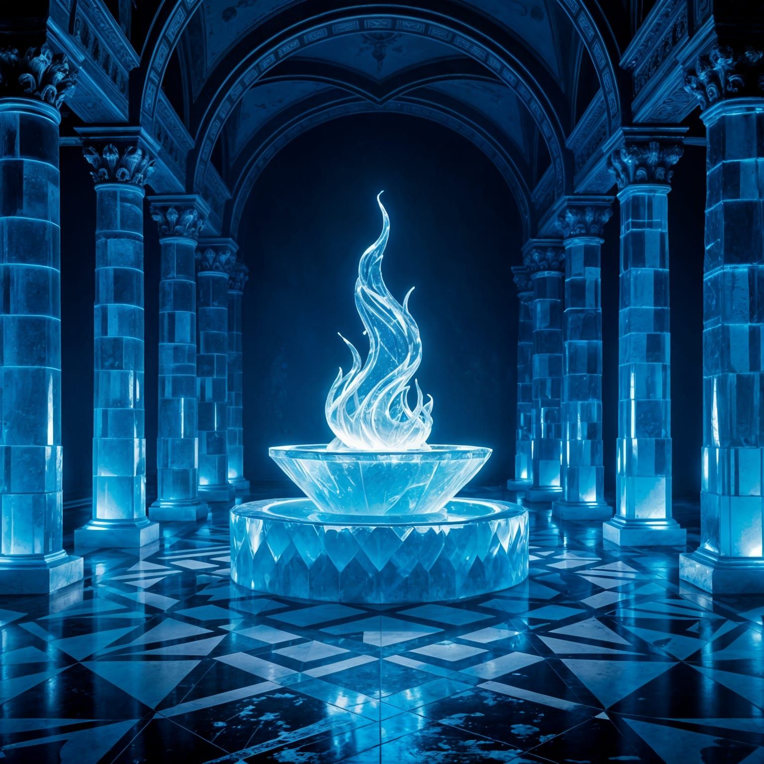 Icy Hall with Blue Flame in Chiaroscuro Style