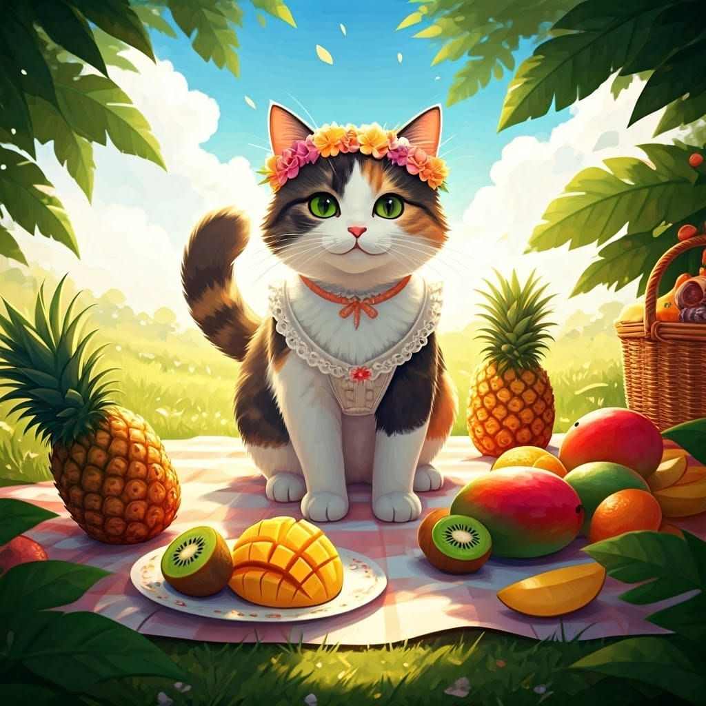 Calico Cat's Tropical Fruit Picnic, Anime Style