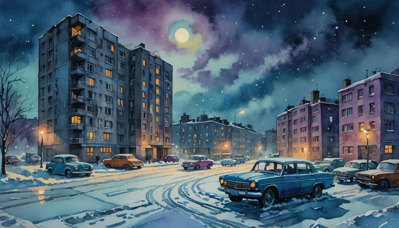 Soviet Winter Cityscape in Watercolor Gouache Style