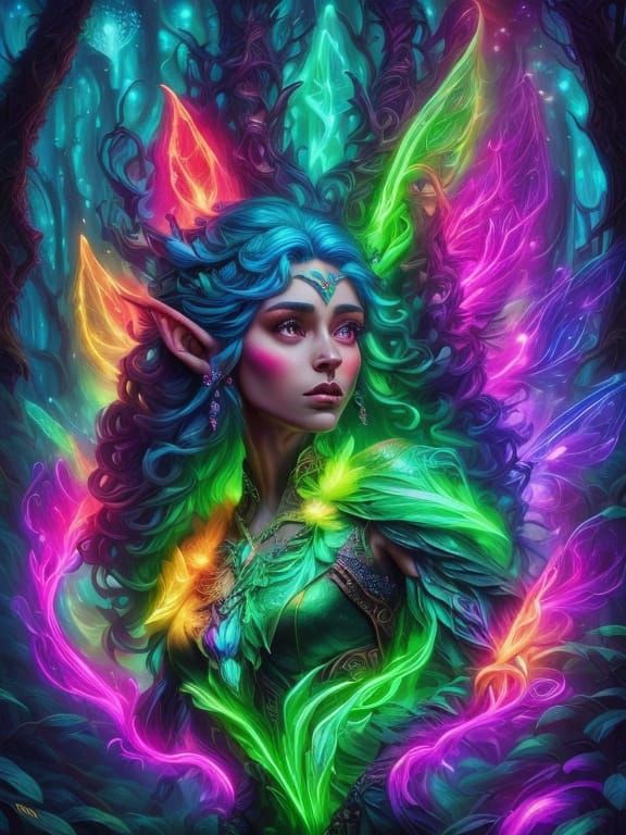Neon Elf in a Magical Glowing Forest
