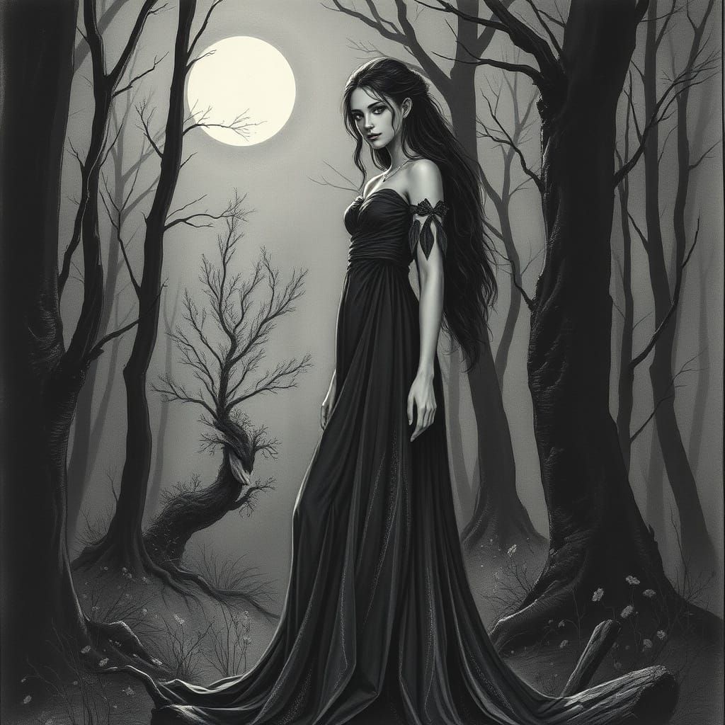 Mystical Forest Goddess in Charcoal Drawing Style