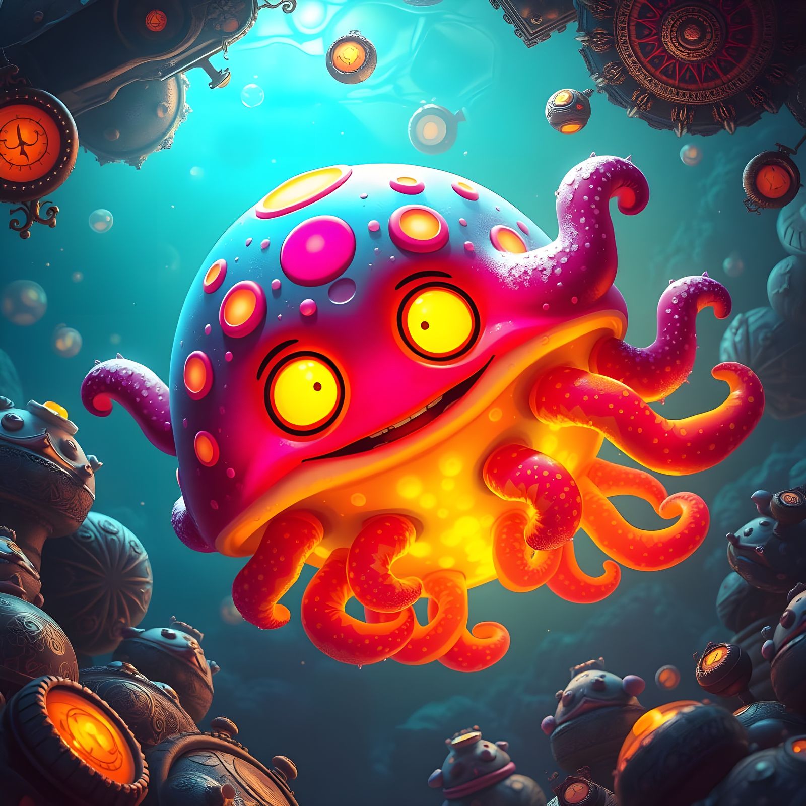 Funny Amoeba Swims in Body Fluid: Children's Art