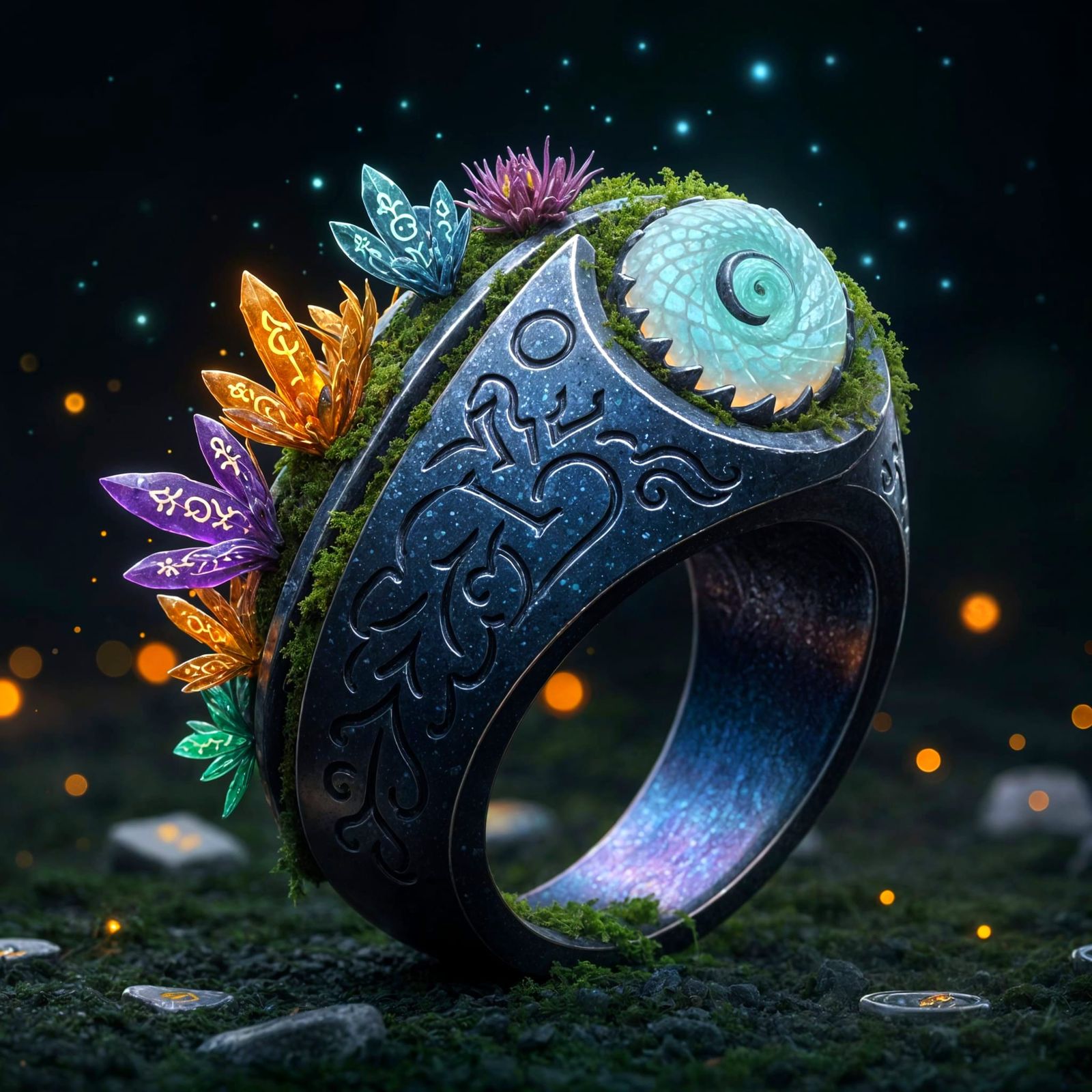 Enchanted Starsteel Ring with Celestial Glyphs and Flora