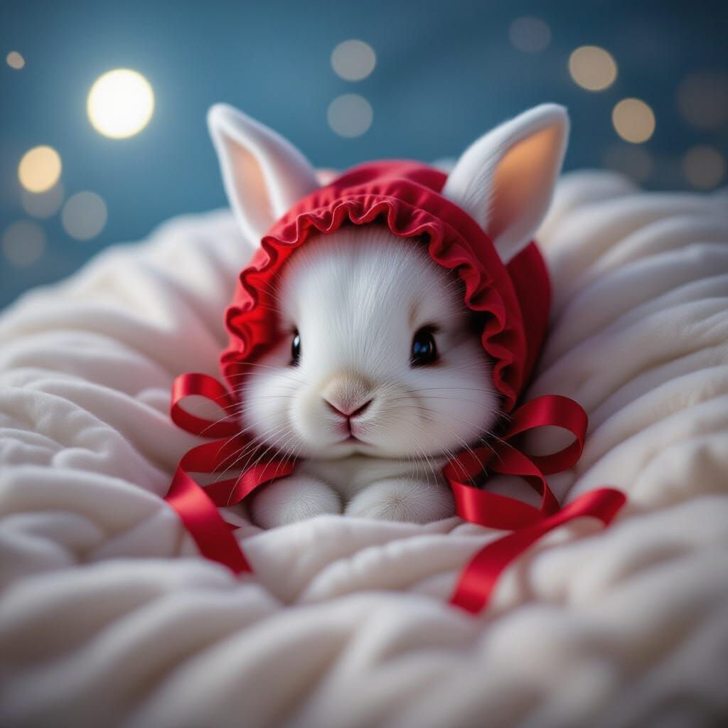 Adorable Baby Bunny in Moonlit Bed