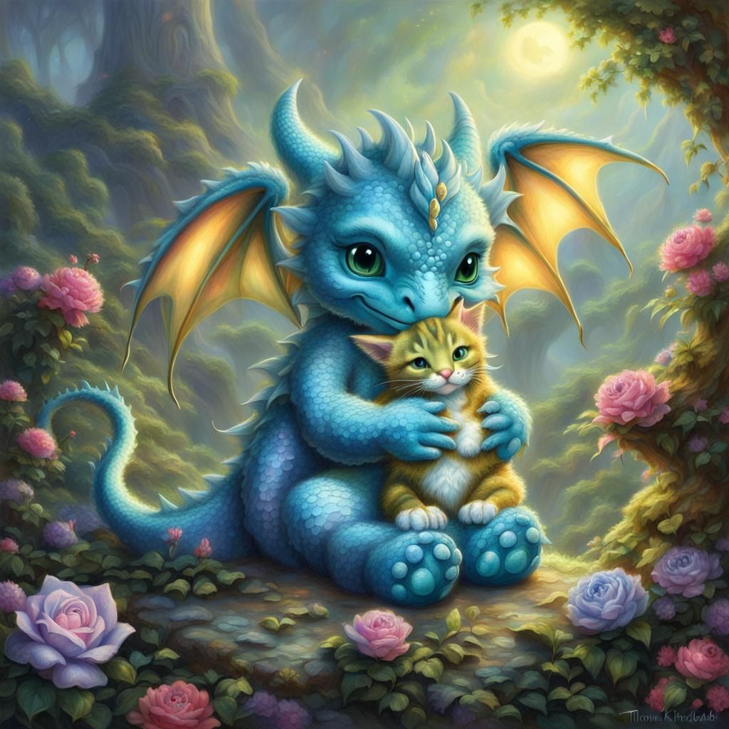 Baby Dragon and Kitty: Ethereal Fantasy Art