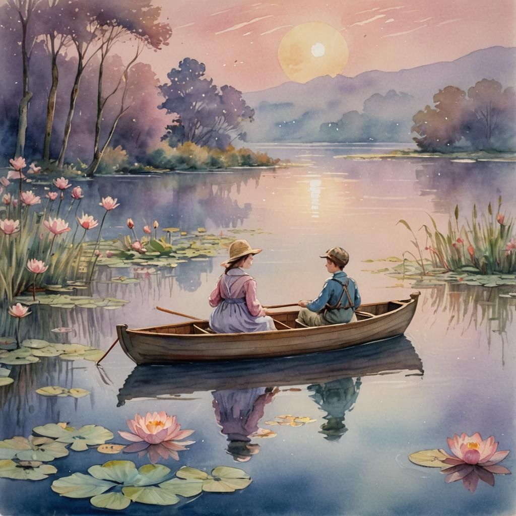 Idyllic Lake Scene in Impressionist Watercolor Style