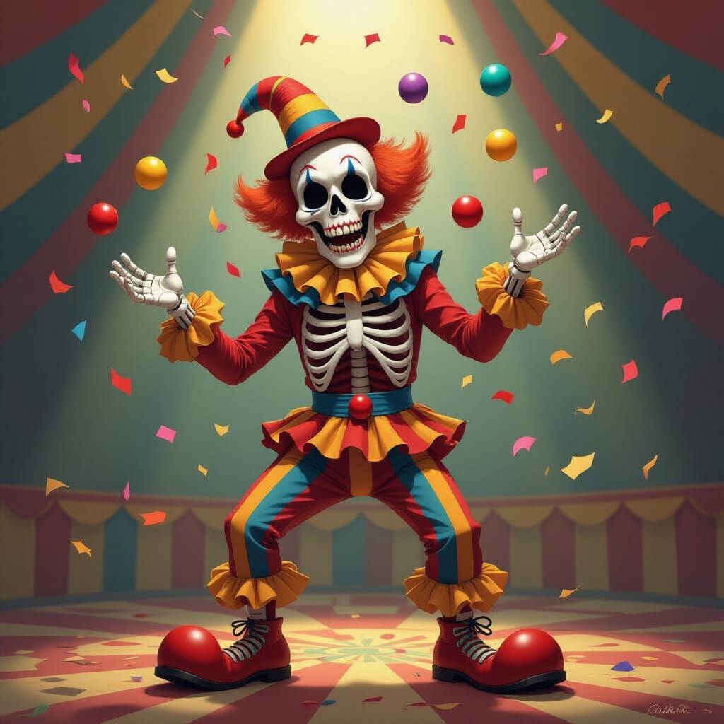 Goofy Skeleton Clown in Circus Tent - Whimsical Digital Pain...