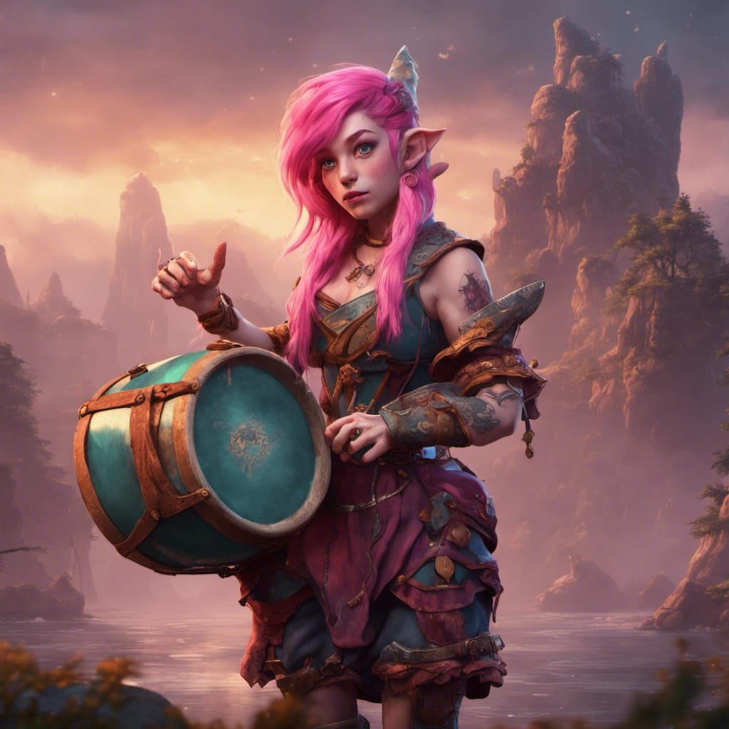Fantastical Gnome Bard with Drum, Detailed Matte Painting