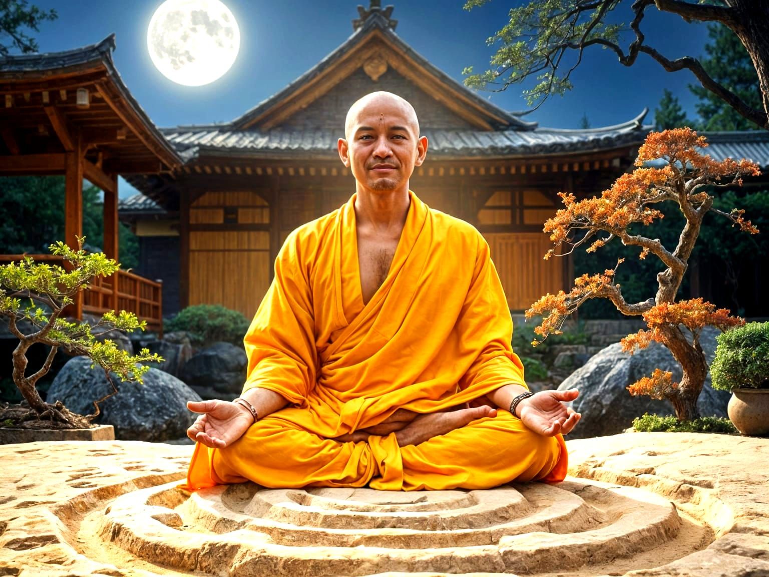 Tranquil Monk Achieves Moksha Under Full Moon