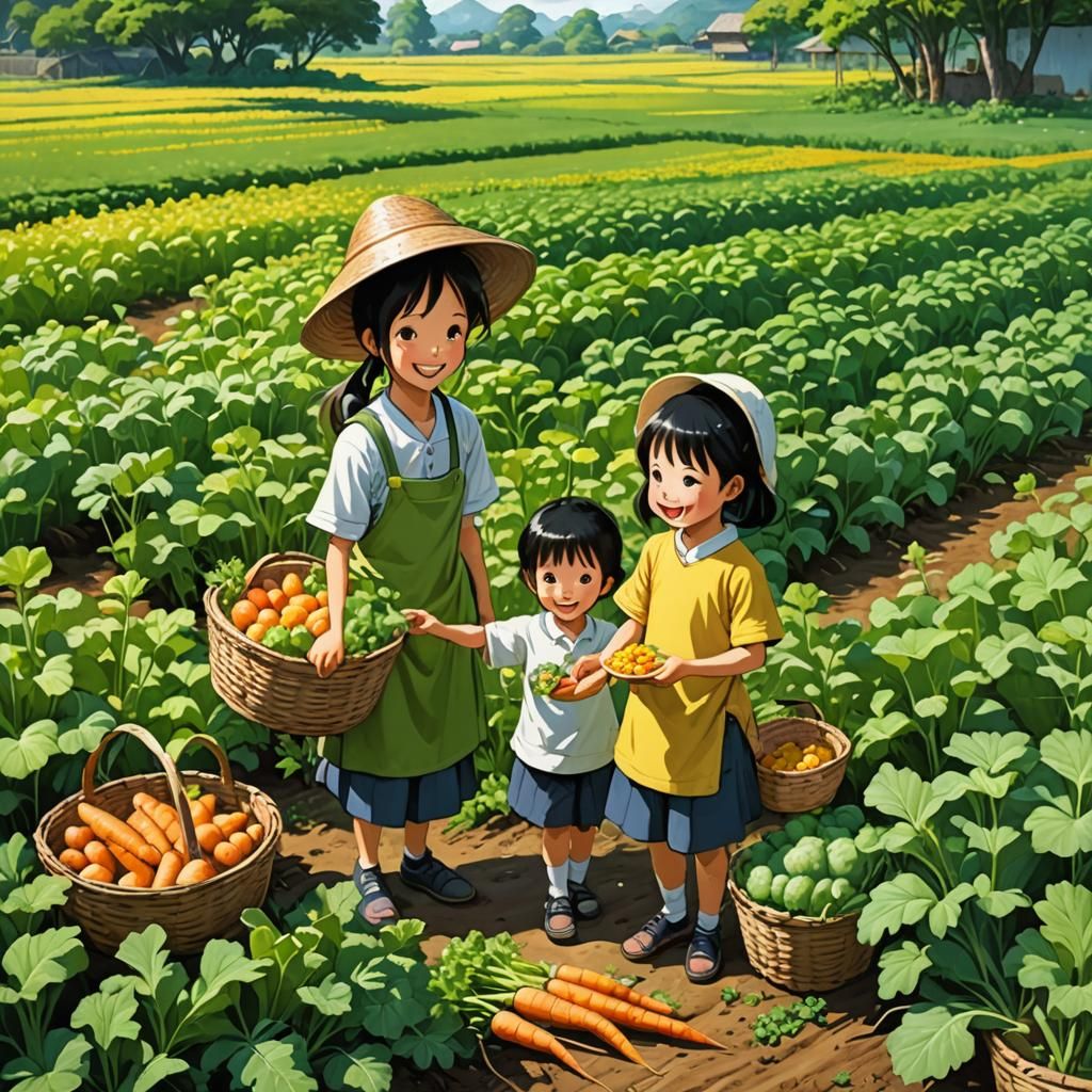 Harvest in Mustard Field: Anime-Style Vegetable Collection