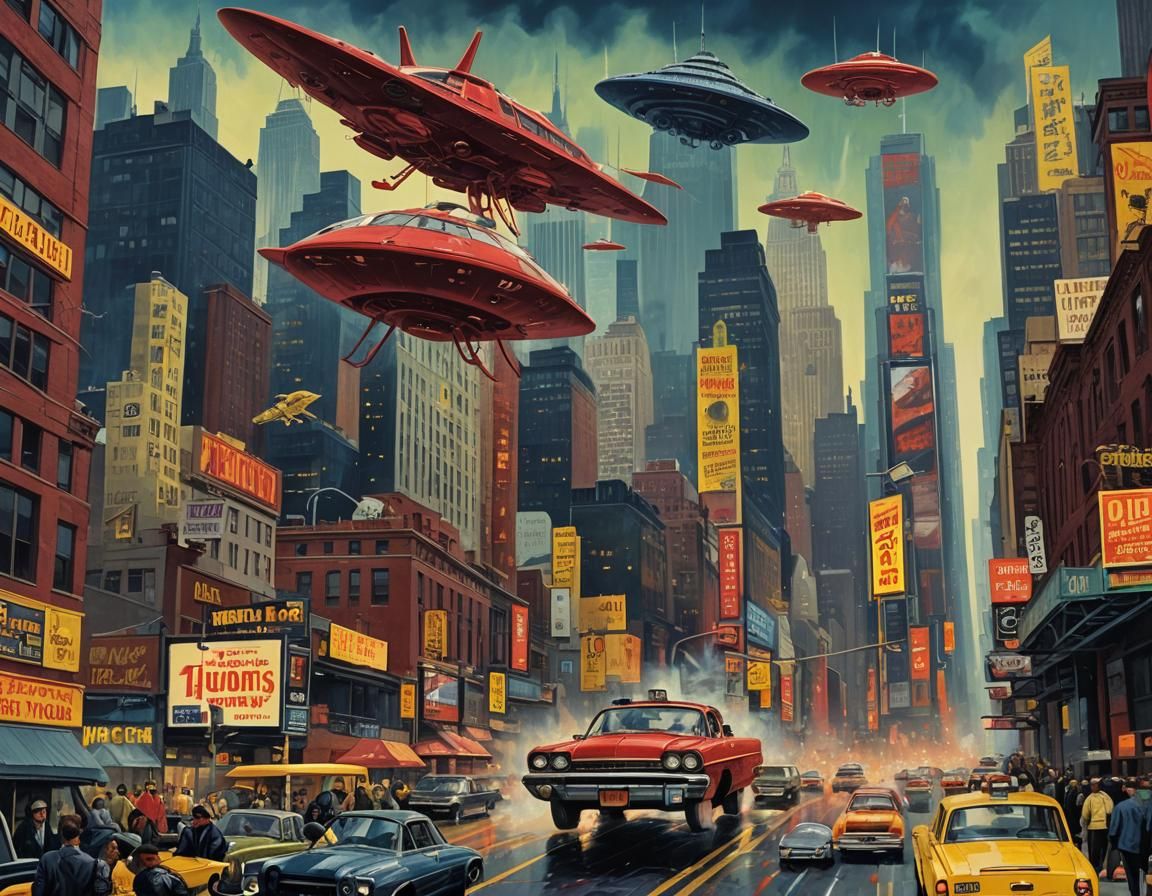 Alien Invasion Over City in Pulp Fiction Style