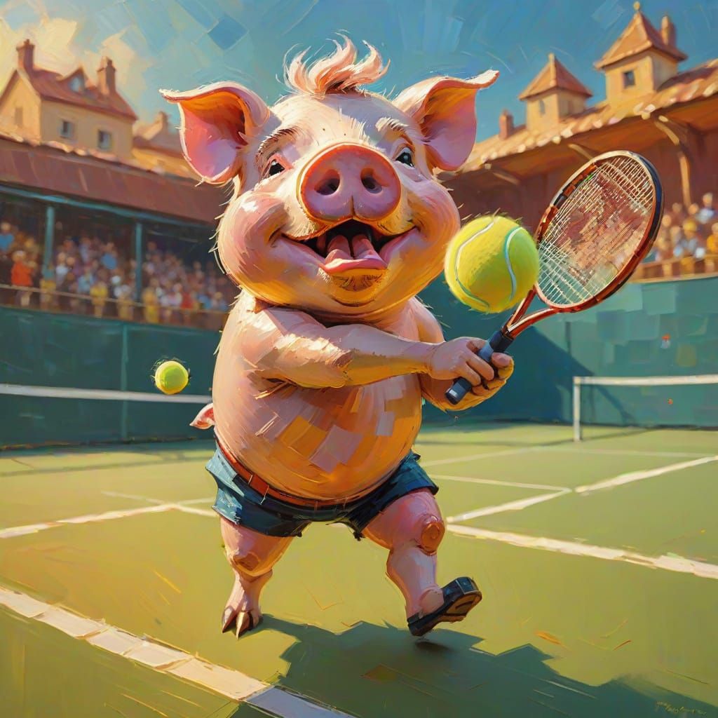 Pig Plays Tennis as Impasto Oil Painting