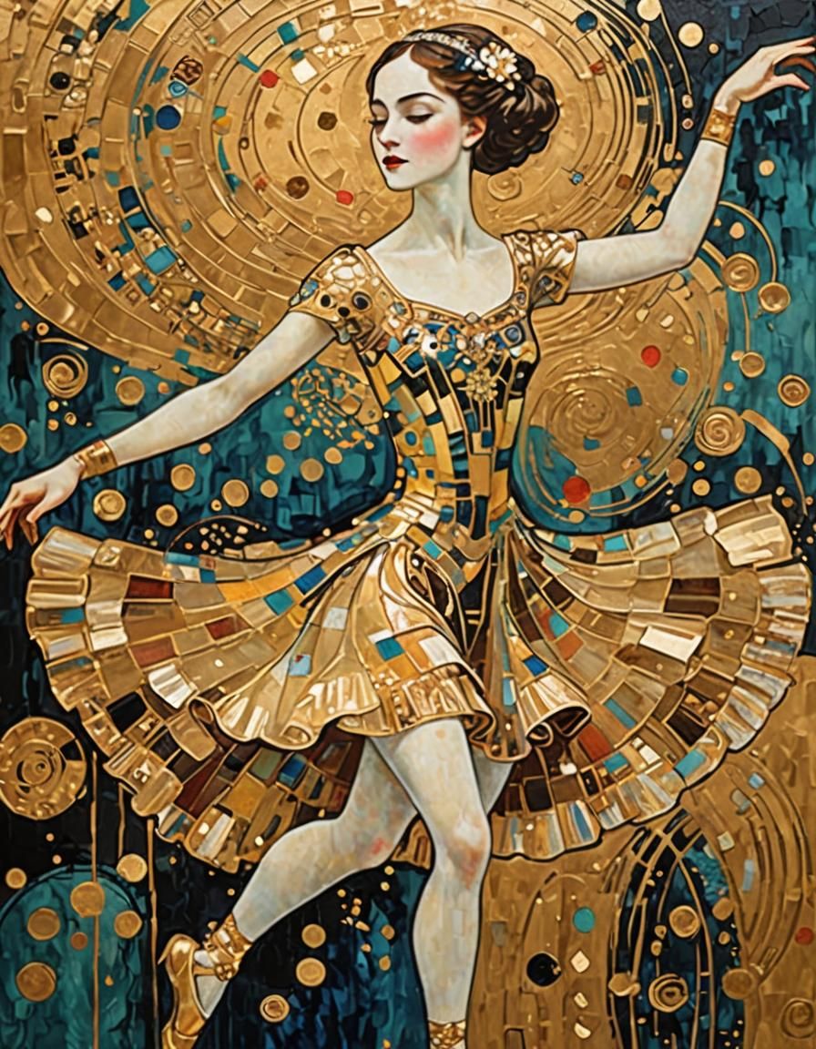Gustav Klimt gold flake, painted portrait art deco of a danc...