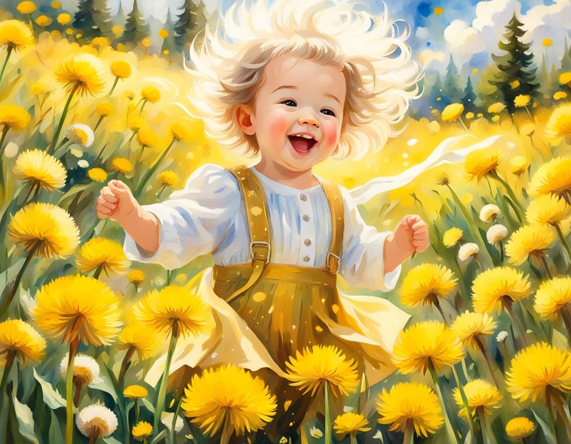 Toddler's Joy: Dandelions in Impressionist Gouache