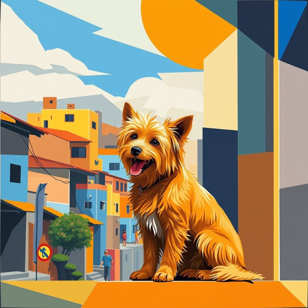 Street Dog in a Vibrant Cubist Favela Scene