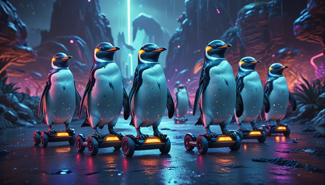Penguins on Hover Scooters in Sci-Fi Style