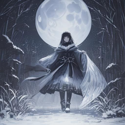 Latina Woman in Oil, Moonlit Castle Scenery