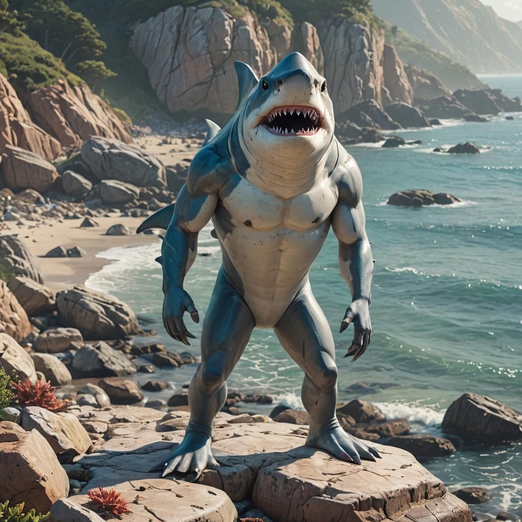 Humanoid Shark on Rocky Coastline in Comic Style