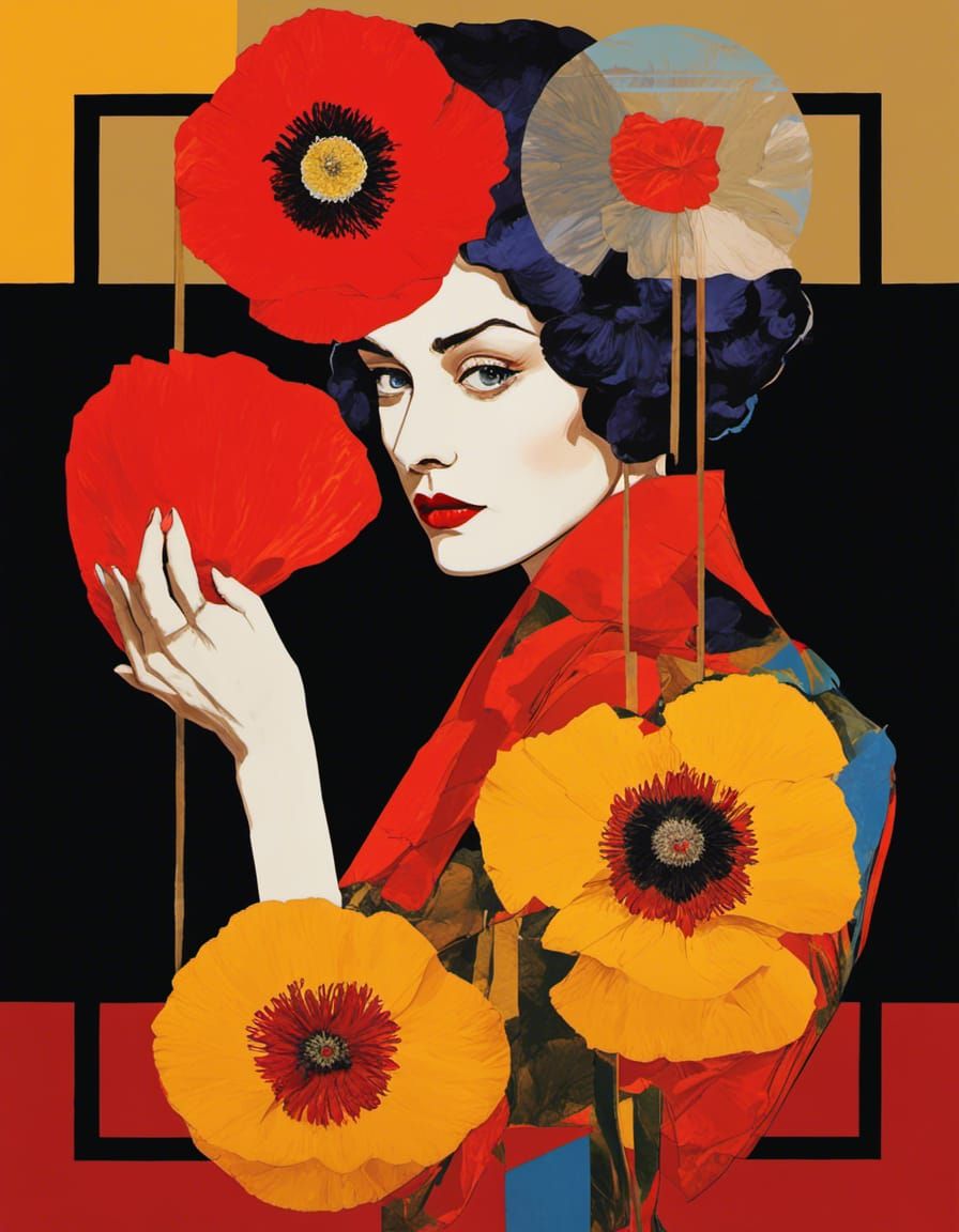 Poppy Flowers Woman Portrait in Geometric Bauhaus Style