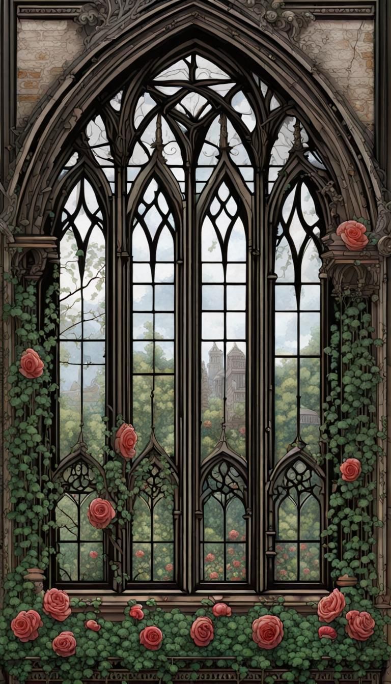 Gothic Windows with Roses: Intricate Splash Art