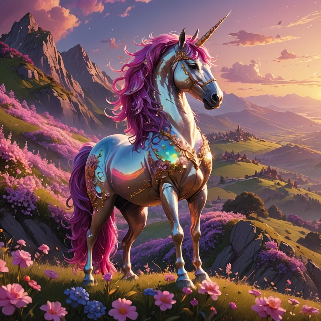 Sparkly Unicorn on Flower Hill, Fantasy Digital Art