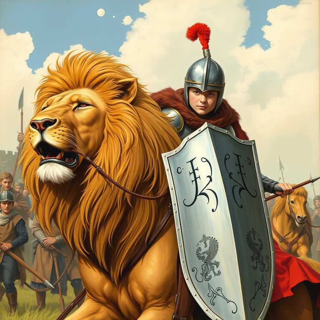 Boy Knight Rides Lion Through Forest