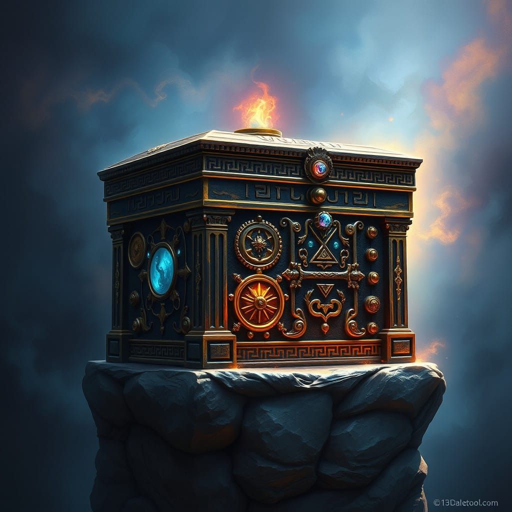 Ancient Greek Pandora's Box with Eerie Gemstones and Etherea...