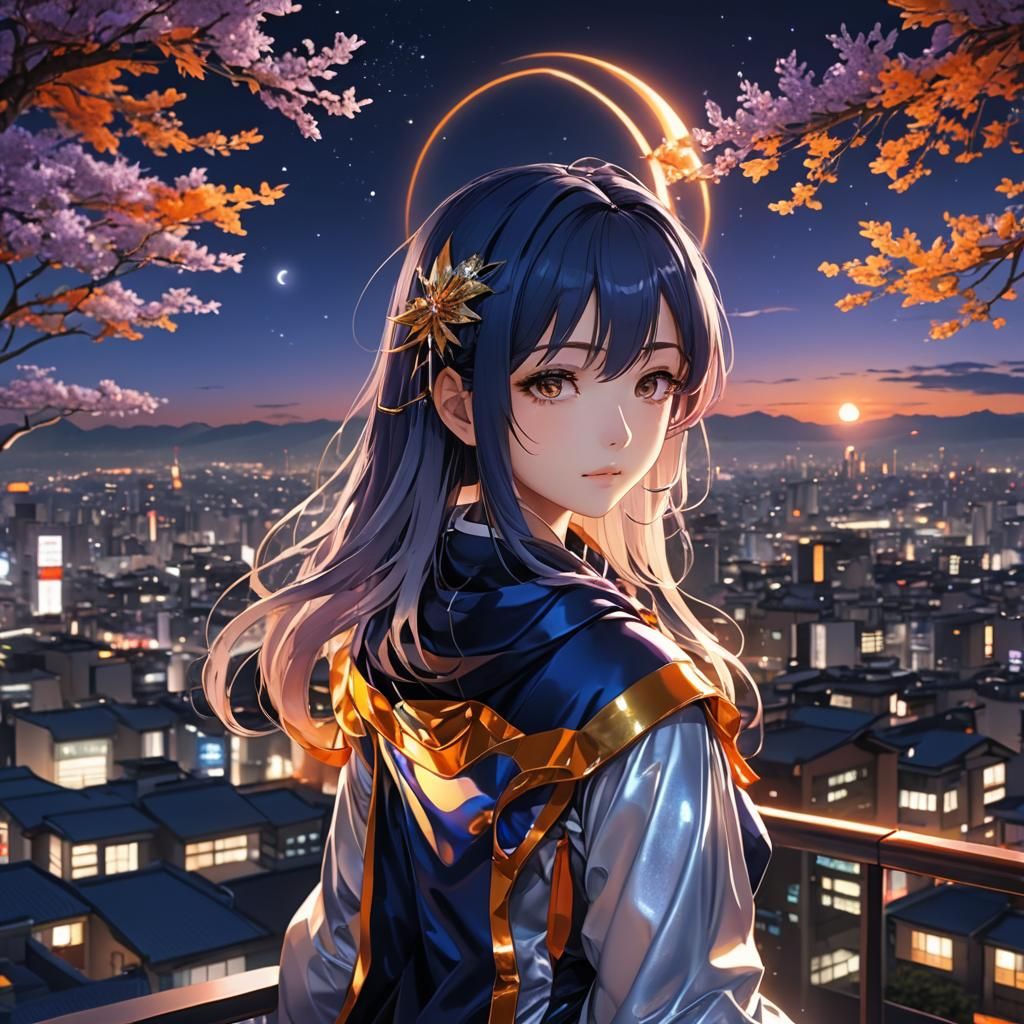 Anime Girl at Night in Deep Navy and Silver
