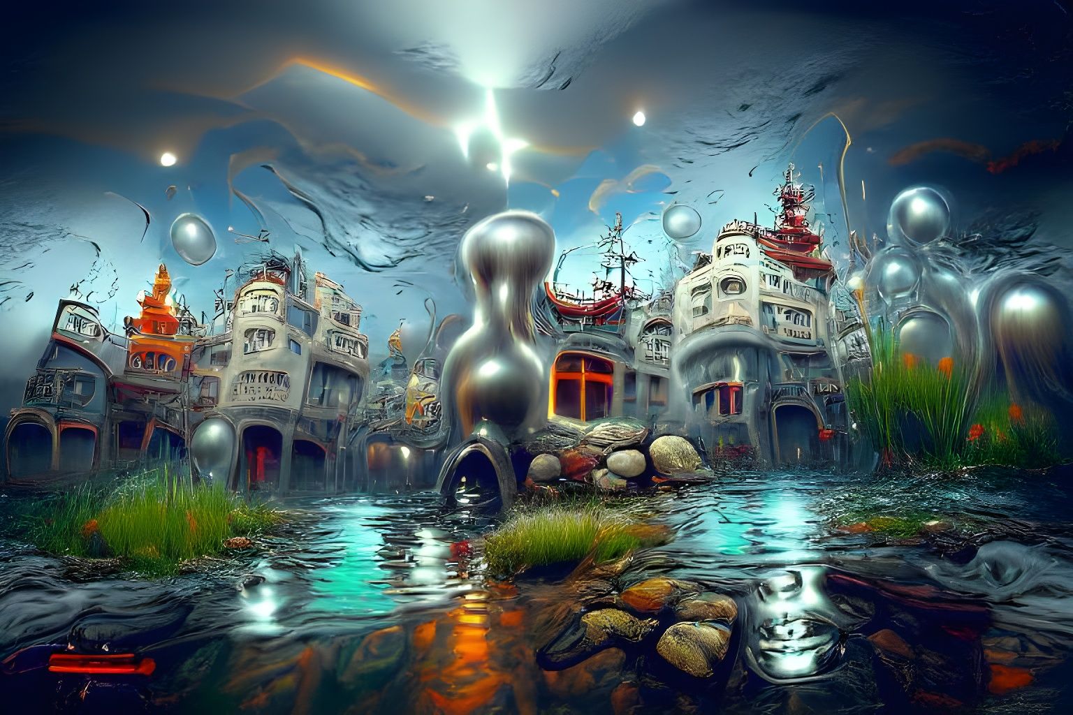 Cartoon Town with Sci-Fi Fantasy Elements