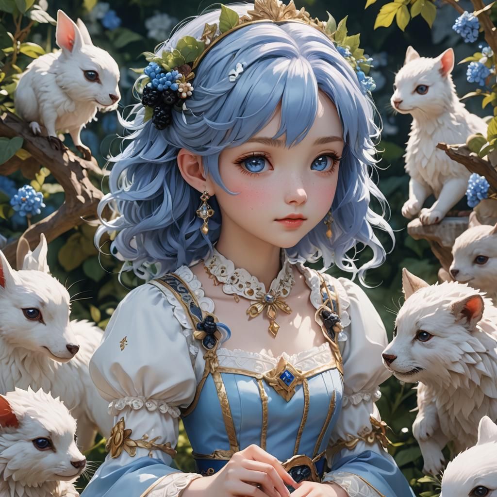 Girl with Animals in Garden: 3D Anime Art