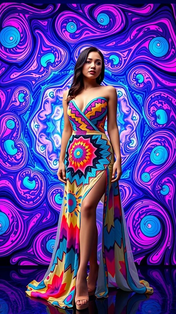 A woman in a vibrant, psychedelic dress, posing in front of a mesmerizing Mandelbrot